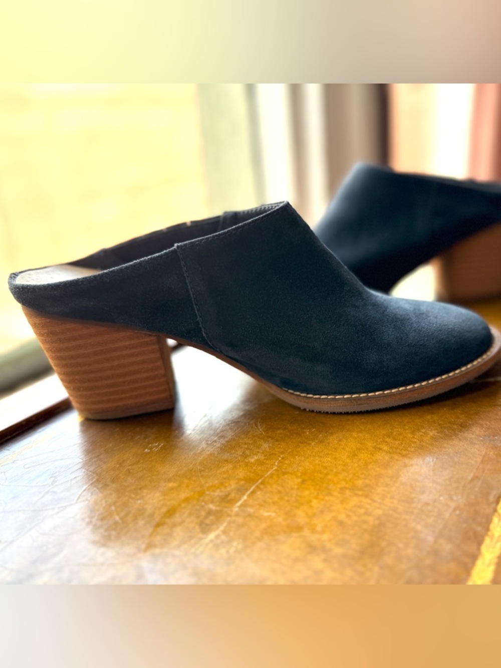 Blondo Norwich Mule | Dark Blue Suede | Waterproof | Stacked Heel | 8.5
